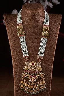 Gold Finish Moissanite Polki & Pearl Long Necklace In Sterling Silver