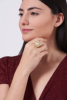 Gold Finish Moissanite Polki Ring In Sterling Silver