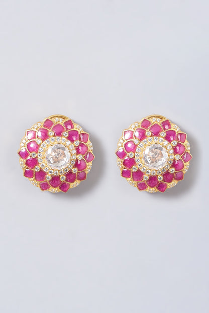 Gold Finish Moissanite Polki Stud Earrings In Sterling Silver
