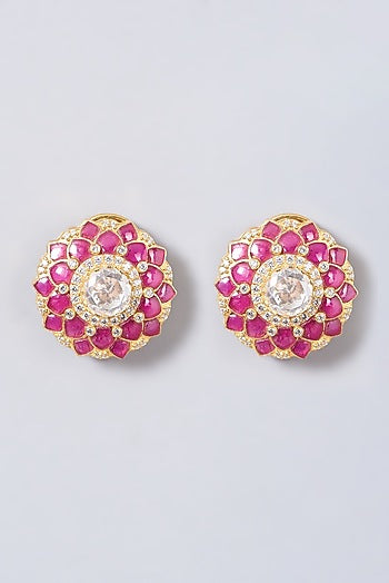 Gold Finish Moissanite Polki Stud Earrings In Sterling Silver
