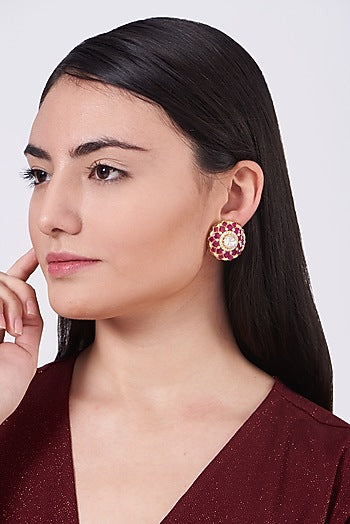 Gold Finish Moissanite Polki Stud Earrings In Sterling Silver