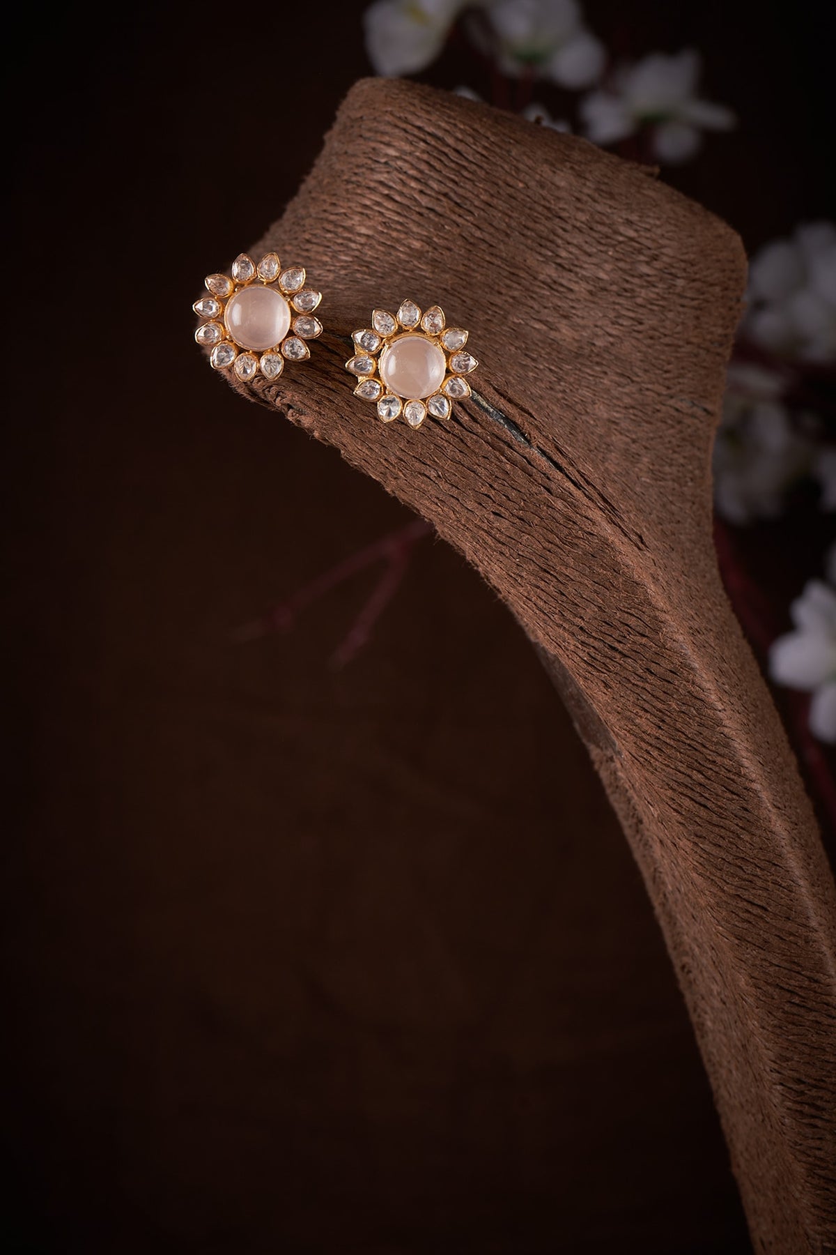 Gold Finish Moissanite Polki Stud Earrings In Sterling Silver