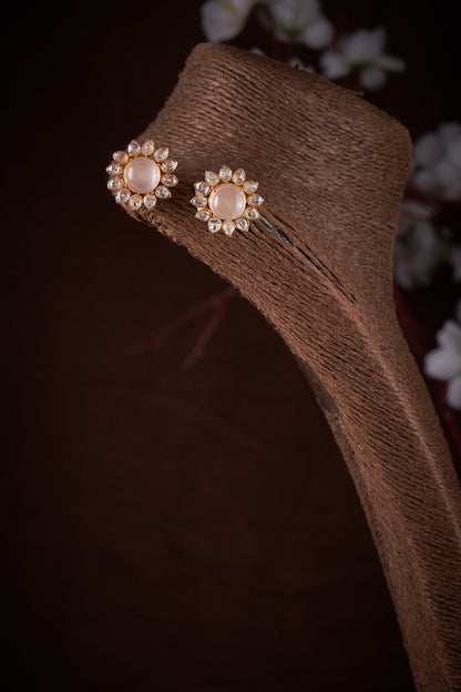 Gold Finish Moissanite Polki Stud Earrings In Sterling Silver