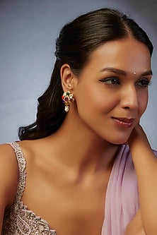 Gold Finish Moissanite Polki Stud Earrings In Sterling Silver