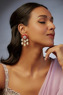 Gold Finish Moissanite Polki & Red Stone Dangler Earrings In Sterling Silver