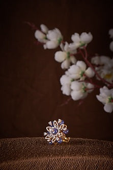 Gold Finish Moissanite Polki Ring In Sterling Silver