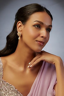 Gold Finish Moissanite Polki Stud Earrings In Sterling Silver
