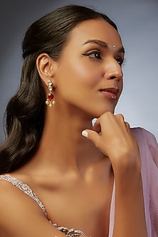 Gold Finish Moissanite Polki & Red Stone Dangler Earrings In Sterling Silver