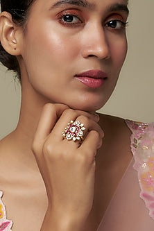 Gold Finish Moissanite Polki & Ruby Ring In Sterling Silver