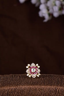 Gold Finish Moissanite Polki & Ruby Ring In Sterling Silver