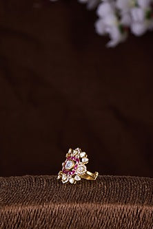 Gold Finish Moissanite Polki & Ruby Ring In Sterling Silver