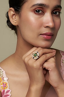 Gold Finish Moissanite Polki & Green Stone Ring In Sterling Silver