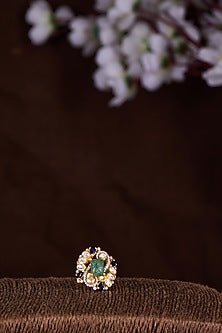 Gold Finish Moissanite Polki & Green Stone Ring In Sterling Silver