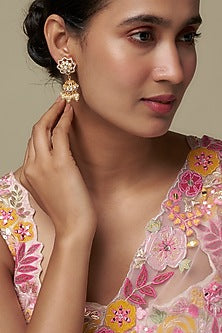 Gold Finish Moissanite Polki Jhumka Earrings In Sterling Silver