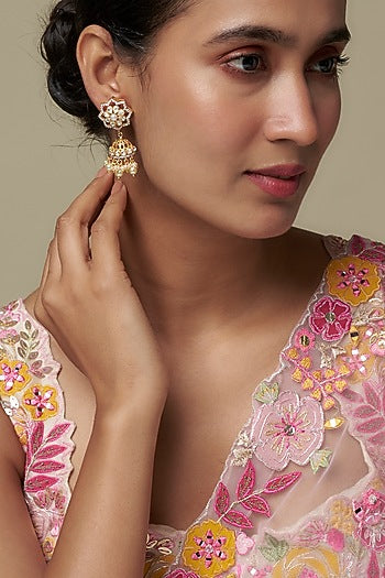 Gold Finish Moissanite Polki Jhumka Earrings In Sterling Silver