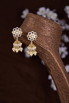 Gold Finish Moissanite Polki Jhumka Earrings In Sterling Silver