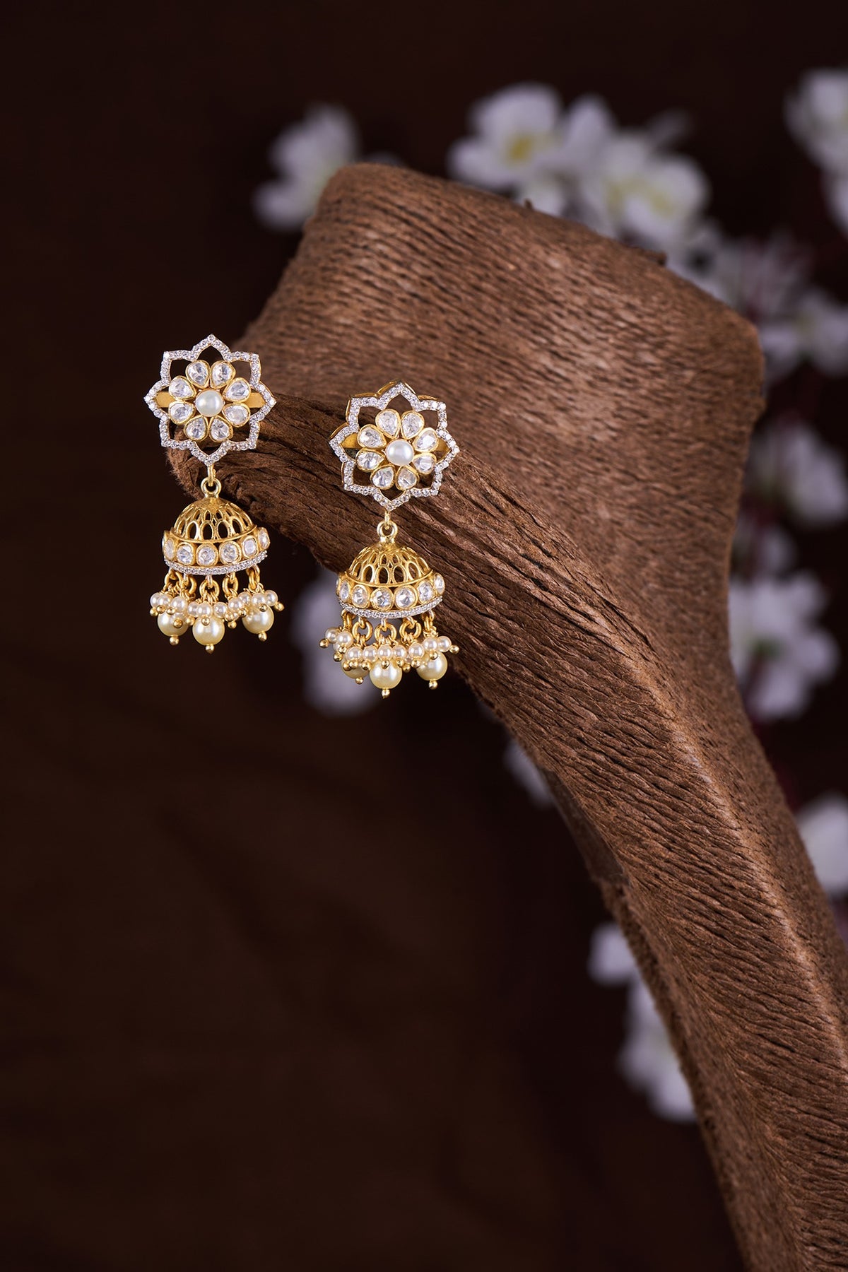 Gold Finish Moissanite Polki Jhumka Earrings In Sterling Silver