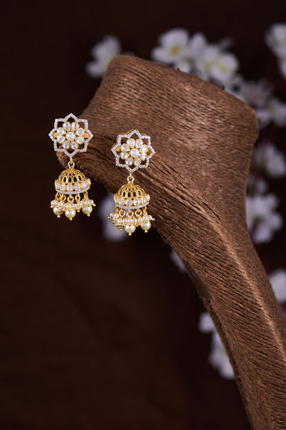 Gold Finish Moissanite Polki Jhumka Earrings In Sterling Silver