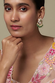 Gold Finish Moissanite Polki & Green Stone Dangler Earrings In Sterling Silver