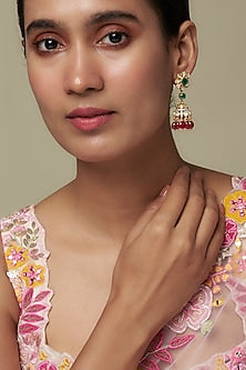 Gold Finish Moissanite Polki & Multi-Colored Stone Jhumka Earrings In Sterling Silver