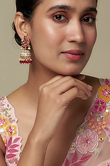 Gold Finish Moissanite Polki & Red Stone Jhumka Earrings In Sterling Silver