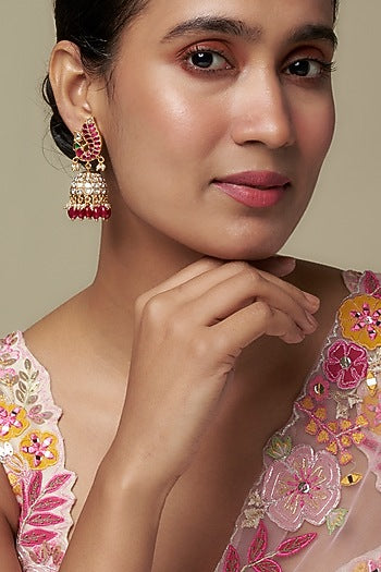 Gold Finish Moissanite Polki & Red Stone Jhumka Earrings In Sterling Silver