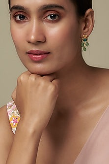 Gold Finish Moissanite Polki & Green Stone Dangler Earrings In Sterling Silver
