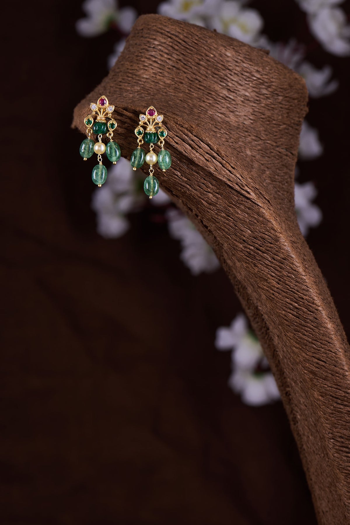 Gold Finish Moissanite Polki & Green Stone Dangler Earrings In Sterling Silver