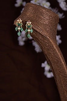 Gold Finish Moissanite Polki & Green Stone Dangler Earrings In Sterling Silver