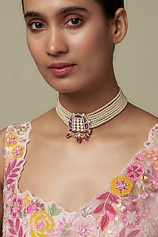 Gold Finish Moissanite Polki & Red Stone Choker Necklace In Sterling Silver