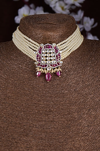 Gold Finish Moissanite Polki & Red Stone Choker Necklace In Sterling Silver