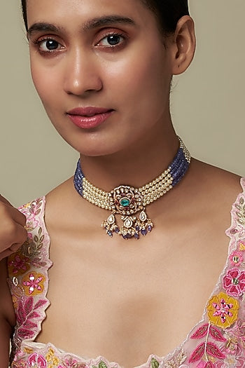 Gold Finish Moissanite Polki & Blue Stone Choker Necklace In Sterling Silver