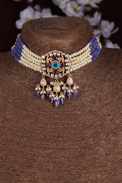 Gold Finish Moissanite Polki & Blue Stone Choker Necklace In Sterling Silver