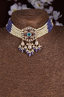 Gold Finish Moissanite Polki & Blue Stone Choker Necklace In Sterling Silver
