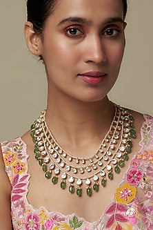Gold Finish Moissanite Polki & Green Stone Long Necklace In Sterling Silver