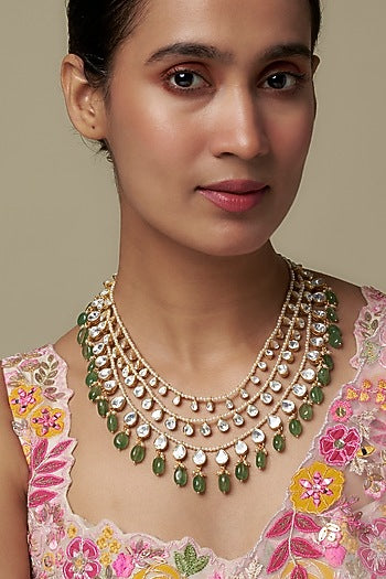 Gold Finish Moissanite Polki & Green Stone Long Necklace In Sterling Silver