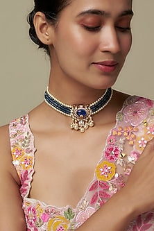 Gold Finish Moissanite Polki & Blue Stone Choker Necklace In Sterling Silver
