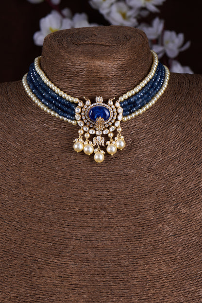 Gold Finish Moissanite Polki & Blue Stone Choker Necklace In Sterling Silver