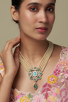 Gold Finish Moissanite Polki & Blue Stone Long Necklace In Sterling Silver