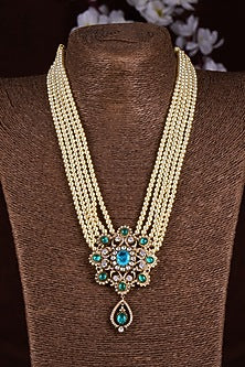 Gold Finish Moissanite Polki & Blue Stone Long Necklace In Sterling Silver