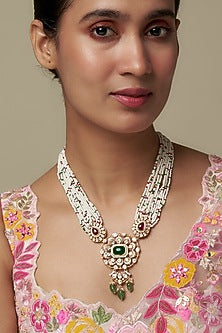 Gold Finish Moissanite Polki & Green Stone Long Necklace In Sterling Silver
