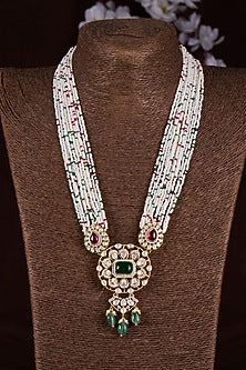 Gold Finish Moissanite Polki & Green Stone Long Necklace In Sterling Silver