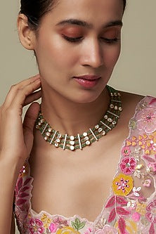 Gold Finish Moissanite Polki & Green Stone Long Necklace In Sterling Silver
