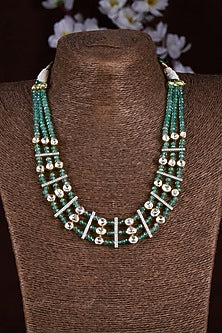Gold Finish Moissanite Polki & Green Stone Long Necklace In Sterling Silver