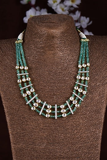 Gold Finish Moissanite Polki & Green Stone Long Necklace In Sterling Silver