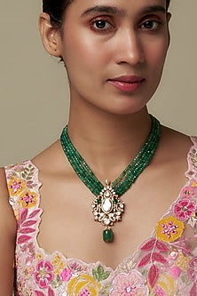 Gold Finish Moissanite Polki & Green Stone Long Necklace In Sterling Silver