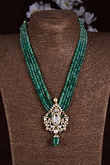 Gold Finish Moissanite Polki & Green Stone Long Necklace In Sterling Silver
