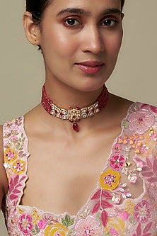 Gold Finish Moissanite Polki & Red Stone Choker Necklace In Sterling Silver
