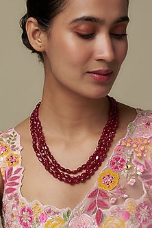 Gold Finish Moissanite Polki & Red Stone Long Necklace In Sterling Silver