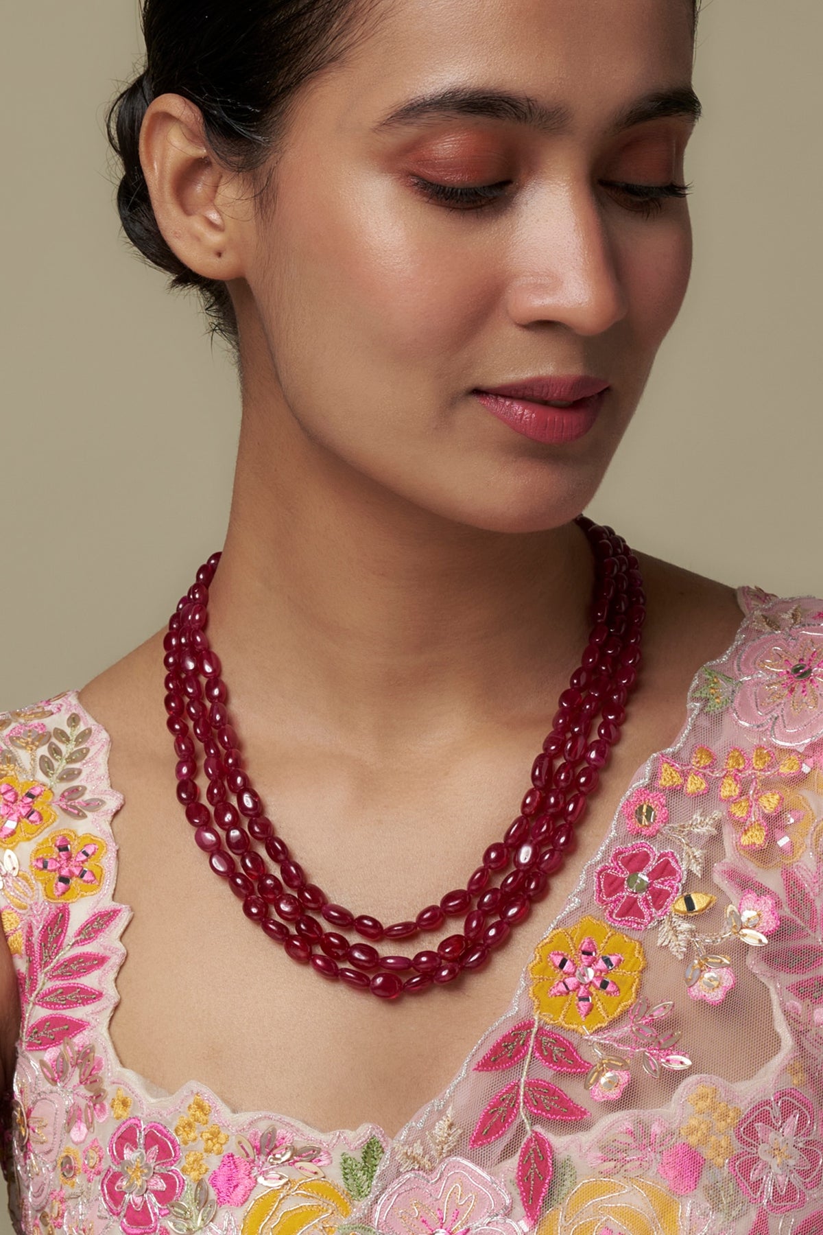 Gold Finish Moissanite Polki & Red Stone Long Necklace In Sterling Silver